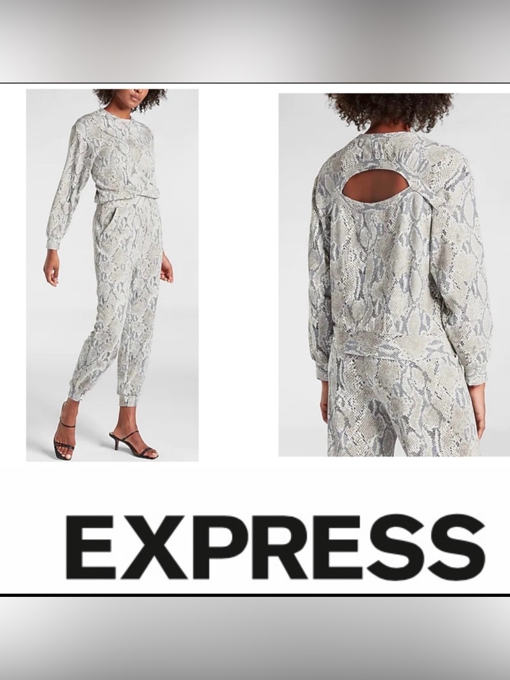 Express Snake Skin Print Open Back Crew Neck Set Top Over Sized M Pants S